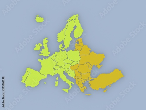 3D rendered map of Europe with bright green and yellow colors