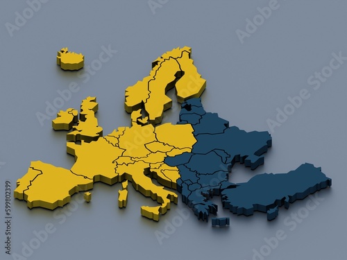 3D rendered map of Europe with bright green and blue colors