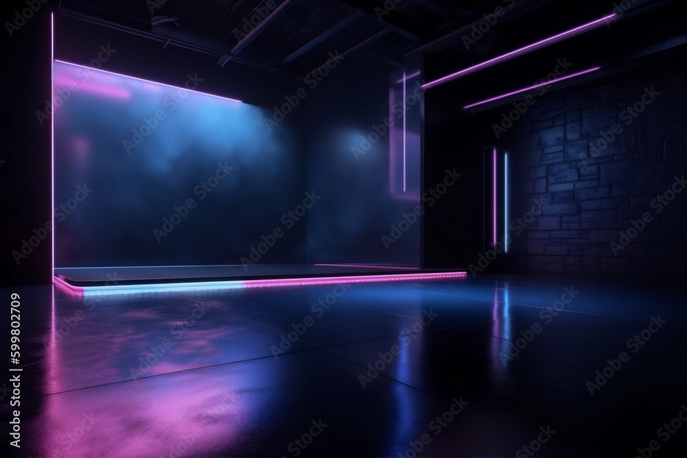 empty abstract room blue rays space light smoke background neon fog. Generative AI.