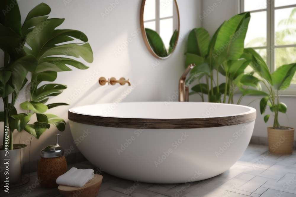 Fototapeta premium clean home design sink tropical leaf green contemporary bathroom white interior. Generative AI.