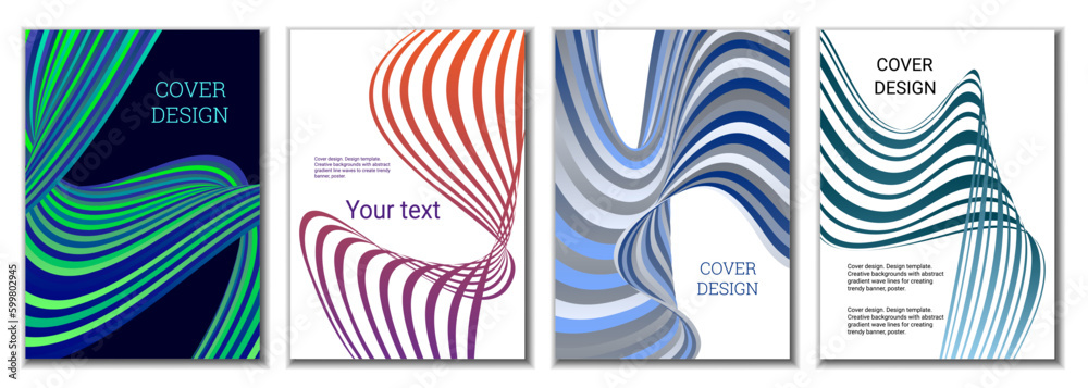 Obraz premium A set of 4 abstract covers. Wavy parallel gradient lines, ribbons evolve. Cover design, background. Trendy banner, poster.