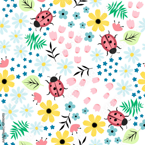 Seamless flourish pattern with field flowers, plants, ladybugs and other elements.
