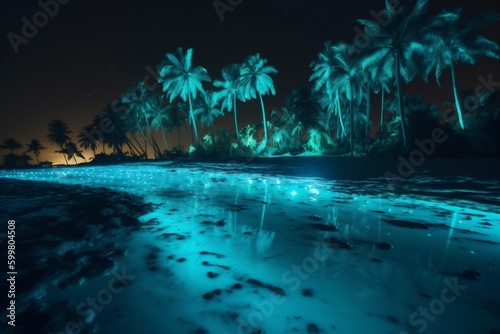 luminous blue palm beach tropical ocean vacation night tree paradise sky. Generative AI.