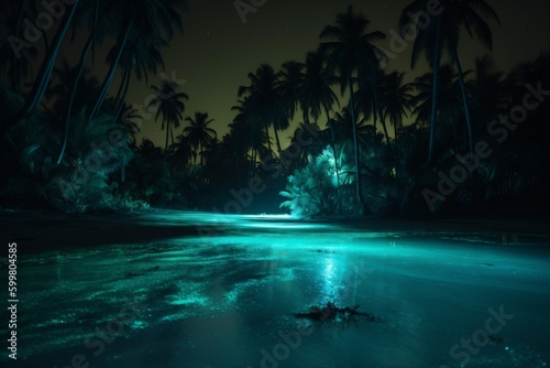 paradise beach ocean vacation tree night palm luminous sky blue tropical. Generative AI.