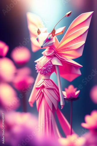 Figure Character from origami. Origami paper art image. Paper woman in pink dress on bokeh background. illustration, generative ai. © natalyamatveeva