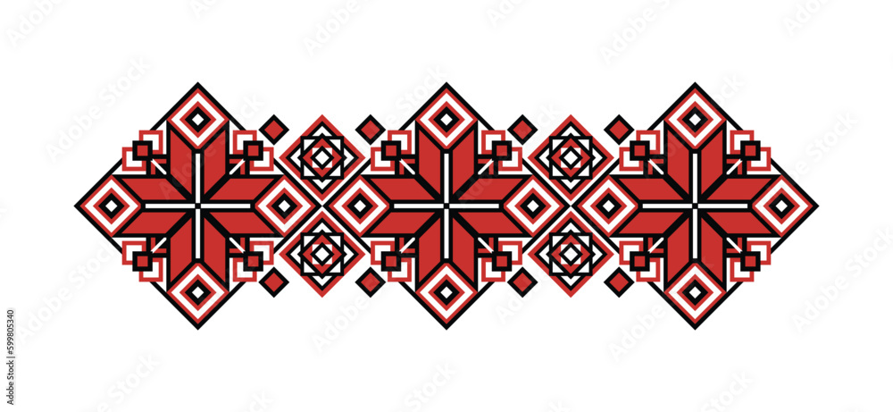 Ornamental Composition Inspired by Ukrainian Traditional Embroidery. Ethnic Motif, Handmade Craft Art. Ukrainian Red and Black Embroidery. Ethnic Design. Vector Illustration