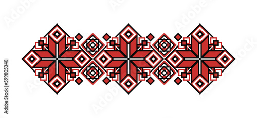 Ornamental Composition Inspired by Ukrainian Traditional Embroidery. Ethnic Motif, Handmade Craft Art. Ukrainian Red and Black Embroidery. Ethnic Design. Vector Illustration