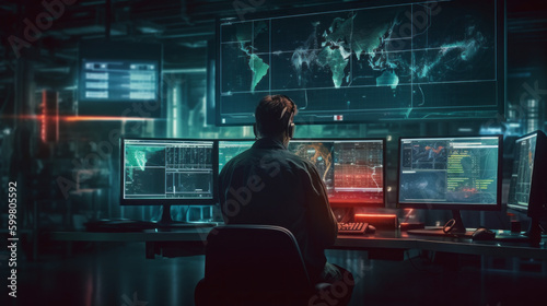 Fotografija A security expert in front of multiple computer screens in a network operations centre near a server room
