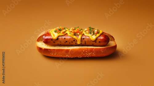 realistic 8k food photography of a single sausage, topped with light mustard and sauce. fresh style. Sony a7riv style. generative ai photo