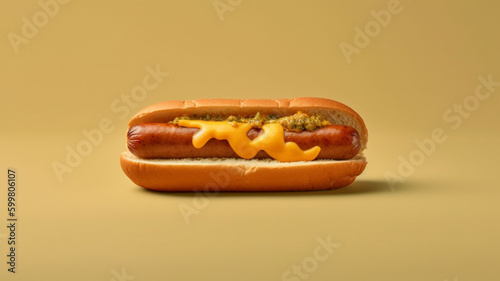 realistic 8k food photography of a single sausage, topped with light mustard and sauce. fresh style. Sony a7riv style. generative ai photo