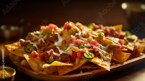realistic 8k food photography of a nachos, fresh style. Sony a7riv style. generative ai