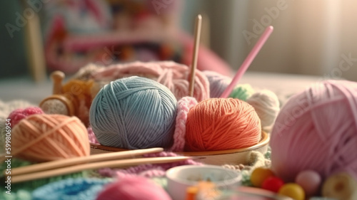 realistic 8k photography of knitting tools, pastel fresh style. Sony a7riv style. generative ai