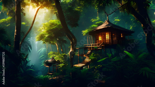 Relax and Reconnect in Treehouses amidst Jungle and Running Water Create With Generative AI Technology