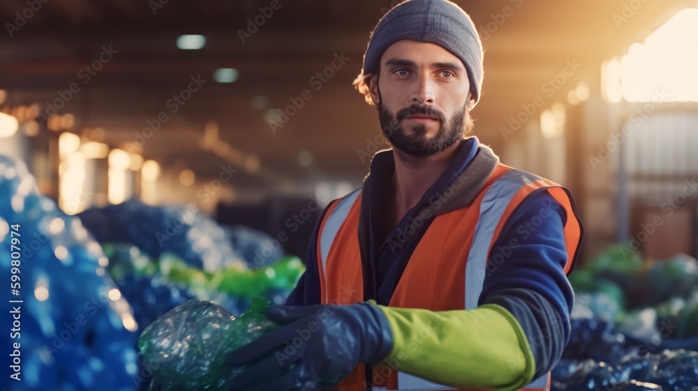 The worker pushes plastic bottles with a shovel for recycling. Working at a recycling factory, Generative AI
