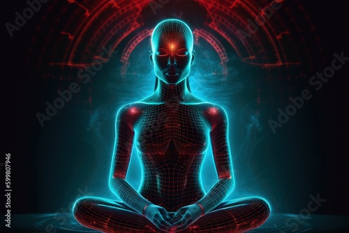 Human chakra, buddhism, meditating. Refers to energy points in your body. Chakra therapies, yoga, healing. Disks, of spinning energy to certain nerve bundles and major organs. Generative AI