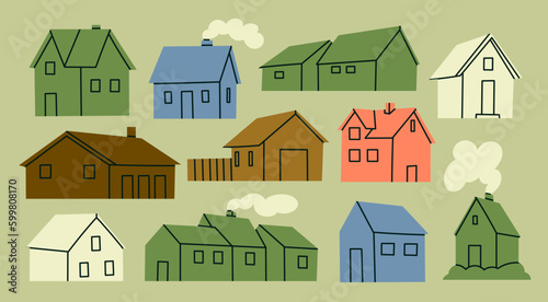 Set of various small tiny Houses. Paper cut cartoon minimal style. Flat design. Hand drawn Vector illustration. Isolated design elements. Building, sweet home, real estate concept