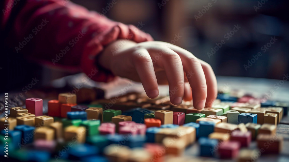 A close-up of a child's hands playing with colorful blocks - ai generative A close-up of a child's hands playing with colorful blocks - ai generative