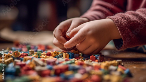 A close-up of a child s hands playing with colorful blocks - ai generative