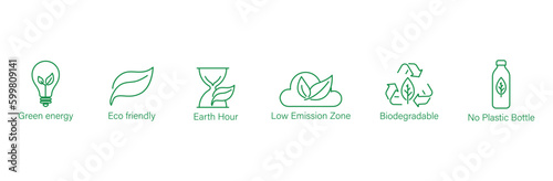 green energy, eco friendly, earth hour, low emission zone, biodegradable, no plastic bottle icons vector illustration 
