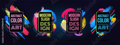 Paint brush frames. Music brochure, drinks labels. Paint and logo design, colorful motivation elements, abstract art. bright splashes with copy space. Vector current graphic posters template