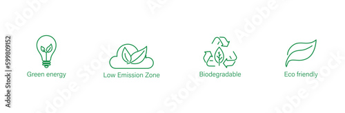 green energy, eco friendly,  low emission zone, biodegradable icons vector illustration 