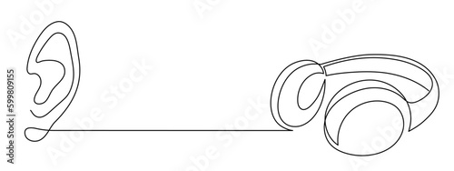 Headphones and ear one line art,hand drawn hearing device gadget continuous contour.Listening music wireless online concept,technology for audition songs and playlists template outline.Editable stroke