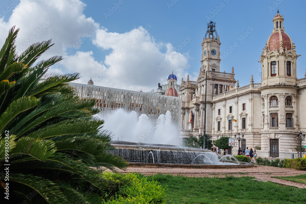 Plaza del Ayuntamiento in Valencia, City Hall Building, Fountain and Square, Spain