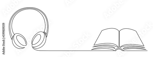 Headphone and book one line art,hand drawn audio reading device,listening audiobook wireless gadget continuous contour.Education and studying concept,technology for audition text outline.Editable