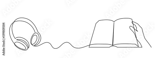 Headphone and book one line art,hand drawn audio reading device,listening audiobook wireless gadget continuous contour.Education and studying concept,technology for audition text outline.Editable