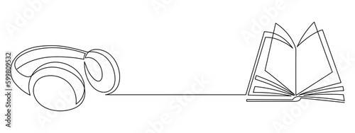 Headphone and book one line art,hand drawn audio reading device,listening audiobook wireless gadget continuous contour.Education and studying concept,technology for audition text outline.Editable