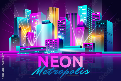 Neon building. Night cityscape. Urban skyline. Digital glow and projector lights. Cyberpunk landscape. Purple panorama. Metropolis skyscrapers. Futuristic city. Vector garish background