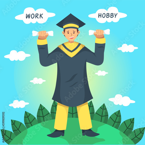 Illustration boy celebrating graduation holding diploma,with a choice of work or hobby in the clouds.graduation day