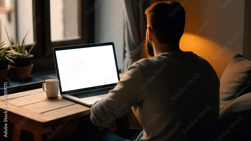 Student or freelancer working at home on a laptop with a cut out screen. Based on Generative AI Student or freelancer working at home on a laptop with a cut out screen. Based on Generative AI