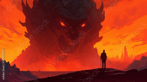 a person standing in front of a giant demon in the fiery sky, 32k uhd, rough, high resolution, fire in the mountains, wallpaper, Generative AI