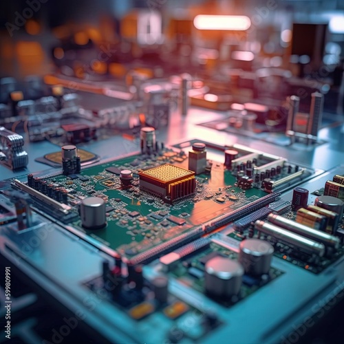 integrated circuit parts with neon lights in the style of tilt-shift photography