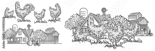 Chicken farm sketch. Organic poultry. Roosters and hens. Engraved line art. Village barn and house. Domestic birds. Hand drawn elements set. Vector vintage egg package label design