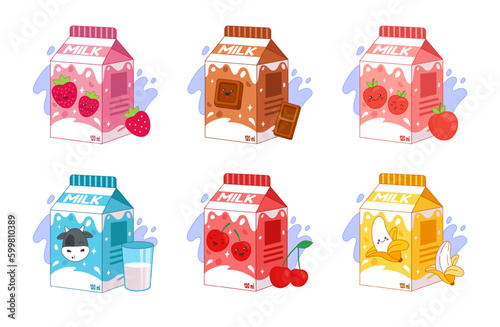Anime milk box. Fruit and berry juice packages. Kawaii Japanese characters. Adorable manga doodles for Asian food. Breakfast drink. Cardboard bottles set. Vector tidy cartoon illustration