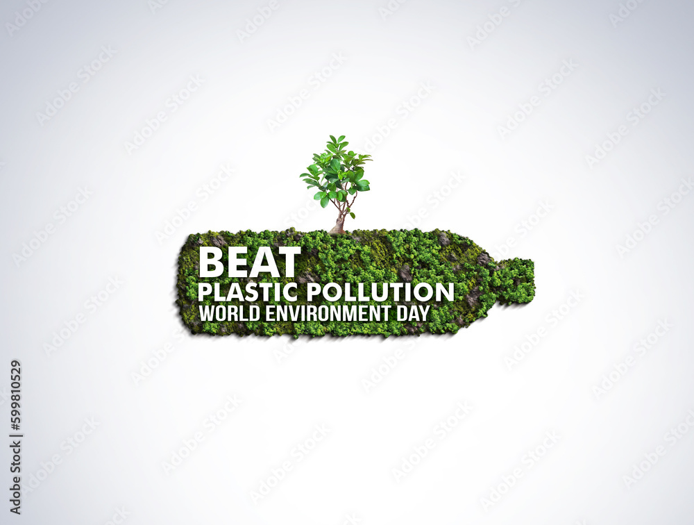 #BeatPlasticPollution, World Environment day concept 2023 3d tree background. fingerprint icon paper cut banner with green forest.  - obrazy, fototapety, plakaty 