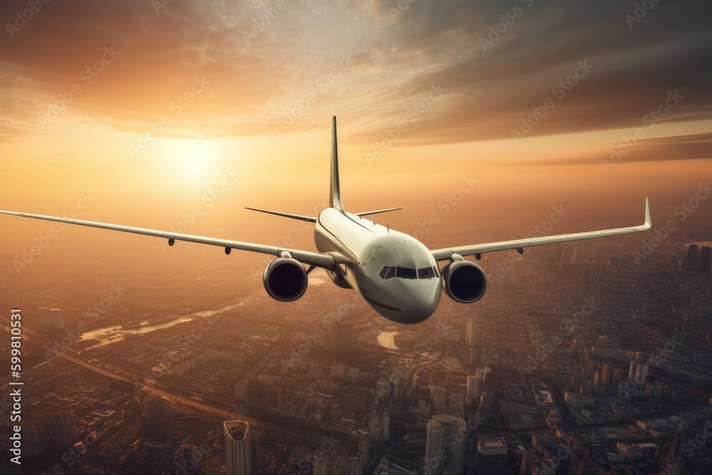 Fototapeta premium Aeroplane flying sunset. Generate AI