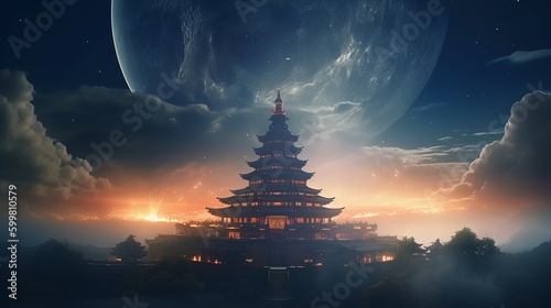 beautiful oriental background spacescape photo, chinese dragon statue, sunrise in the mountains, sunrise over the mountains, rays, 8k, wallpaper, Generative AI © Ameer