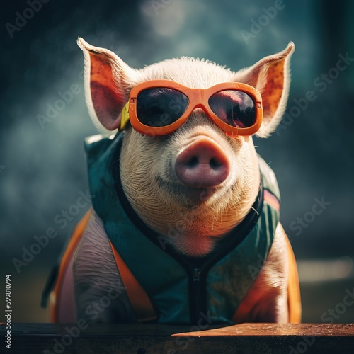 A pig with sunglasses and a life vest © Yann