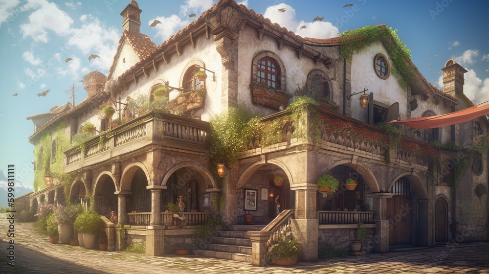 Medieval Fantasy Village, steps, Riverside, Beautiful, Mystical, Lovely, water, fantasy, Picturesque, Spring, intricate detail, detailed, Beautiful lighting, Cumulus Clouds, wallpaper, Generative AI