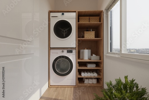 3D rendering laundry room on ground floor, washing machine, dryer, cabinet for towels, napkins, toilet paper, household chemicals, soap storage baskets