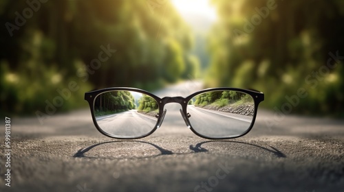 clear image of a road leading to a source of light behind an eyeglasses, with blur background, glasses on the road, wallpaper, Generative AI