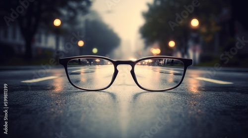 clear image of a road leading to a source of light behind an eyeglasses, with blur background, glasses on the road, wallpaper, Generative AI