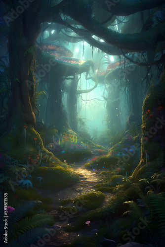Dense dark fantasy forest with big trees and footpath. The magical atmosphere of the forest, fairy forest, magic light. AI generated