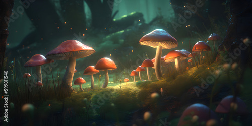 Dense dark fantasy forest with big trees and mushrooms. The magical atmosphere of the forest, fairy forest, magic light. AI generated © tynza