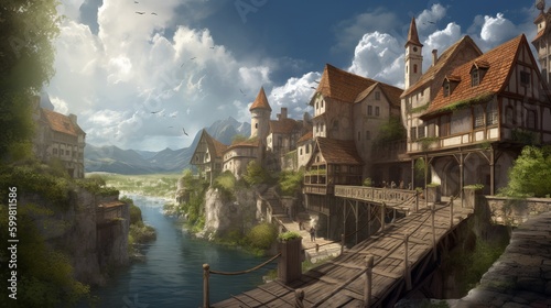 Medieval Fantasy Village, steps, Riverside, Beautiful, Mystical, Lovely, water, fantasy, Picturesque, Spring, intricate detail, detailed, Beautiful lighting, Cumulus Clouds, wallpaper, Generative AI