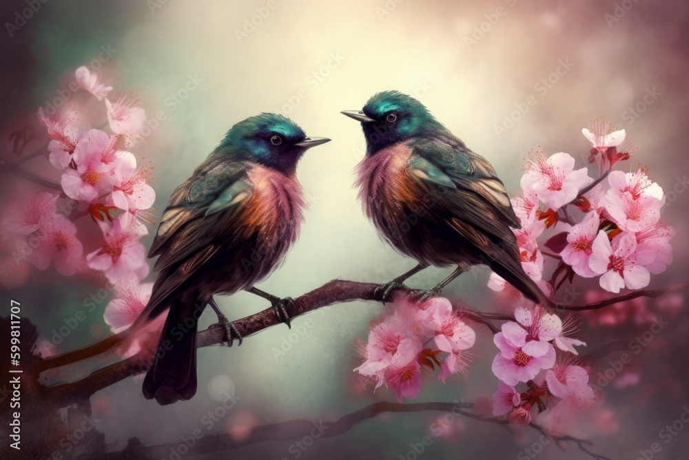 Birds tree branch flowers. Generate Ai Birds tree branch flowers. Generate Ai