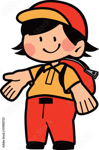 リュックを背負った中性的なキャラクターのベクターイラスト素材（片手を上げる）